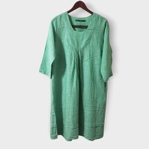 Gudrun Sjoden Green Striped 100% Linen Midi Dress Pockets Size M Lagenlook Artsy